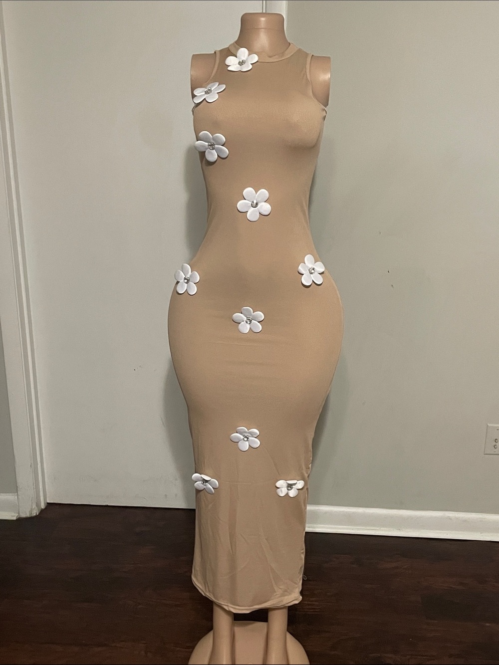 Beige Sleeveless Maxi Dress with White Floral Appliqués